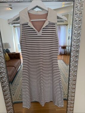 OGL White Sleeveless Polo Dress with Maroon Stripes